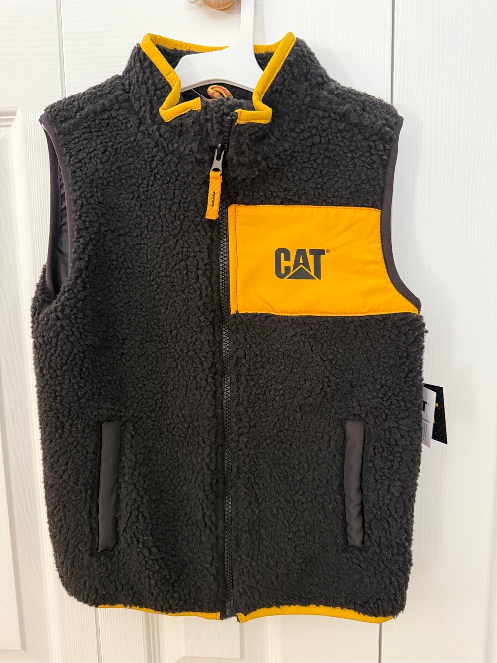 CAT Kids' Black Sherpa Vest with Yellow Accent